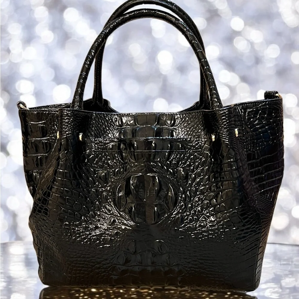Brahmin Black Croco-Embossed Satchel